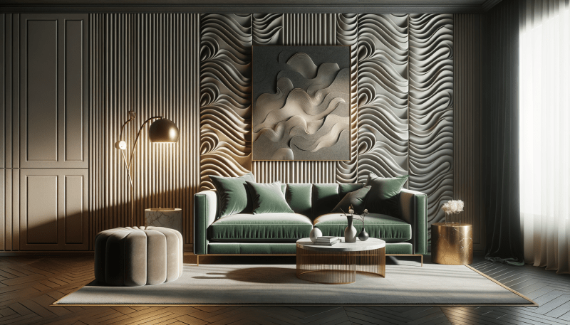 Salon z panelami 3D na ścianie, geometryczne wzory i aksamitna sofa