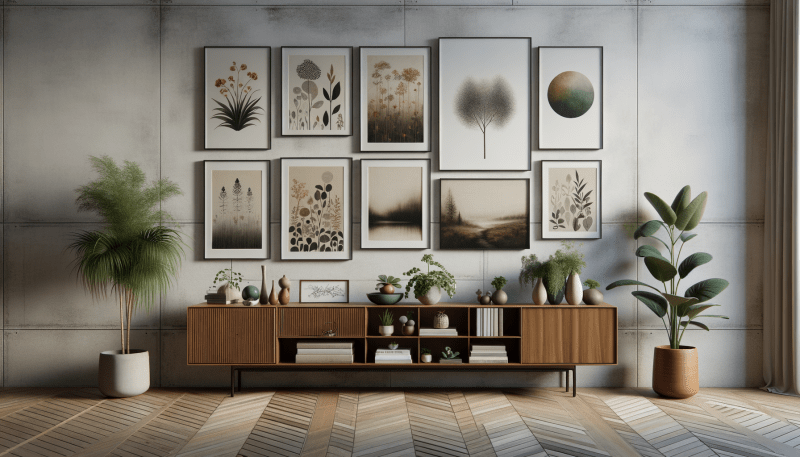 Galeria ścienna z plakatami botanicznymi i nature art w nowoczesnym wnętrzu