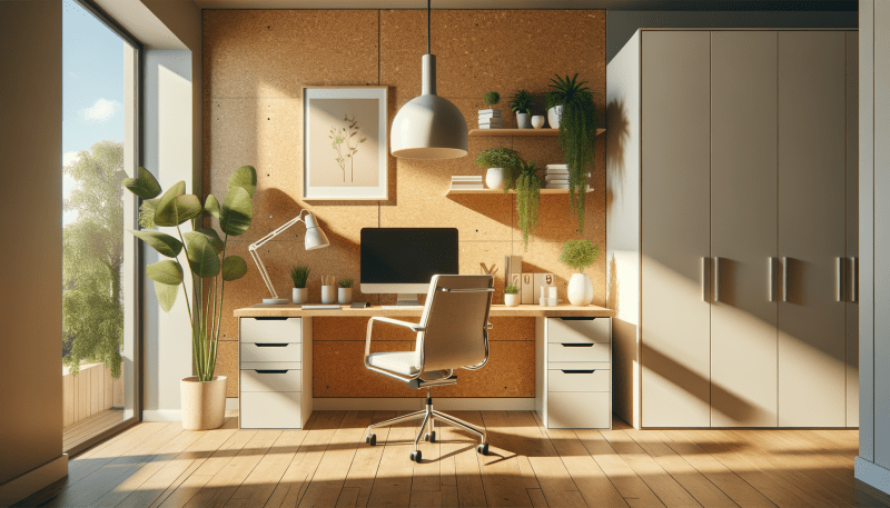 Nowoczesne biuro domowe z korkową ścianą i elementami biophilic design