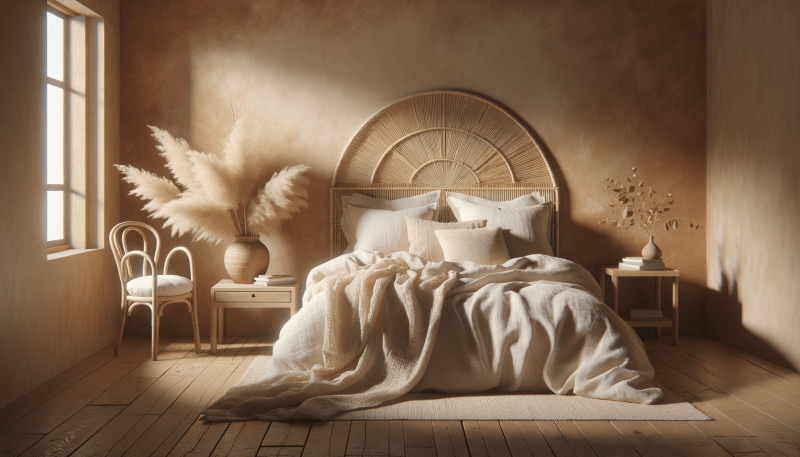 Sypialnia w stylu warm minimalism z terrakotową ścianą limewash i naturalnymi tkaninami